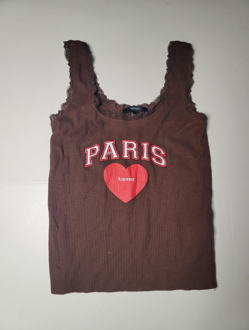 Forever 21 Brown Ribbed Lace-Trim Tank with Patis & Red Heart Graphic